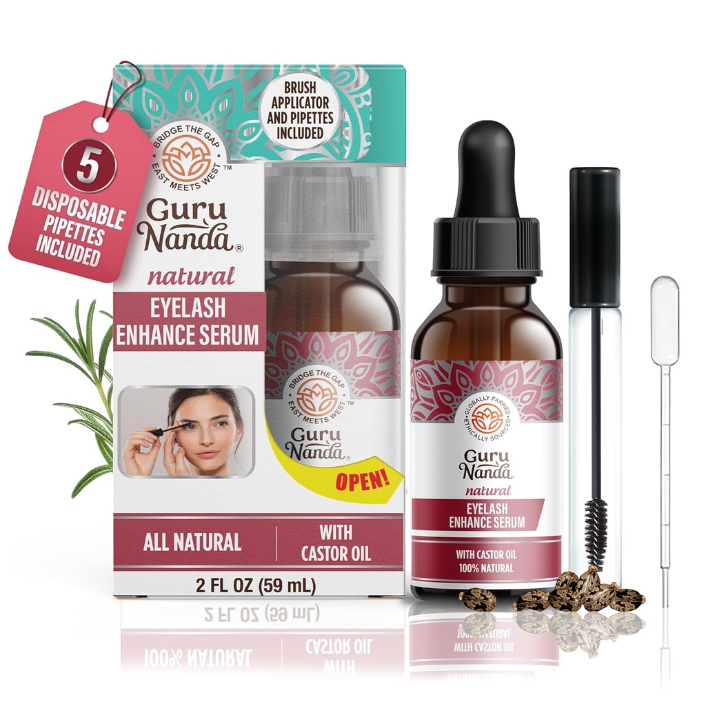 GuruNanda Natural Castor Oil Eyelash Enhance Serum dengan Rosemary Oil - Brush Applikator & 5 Pipettes, Membantu Pertumbuhan Rambut Alam untuk Eyebrows & Beard, 2 Fl Oz