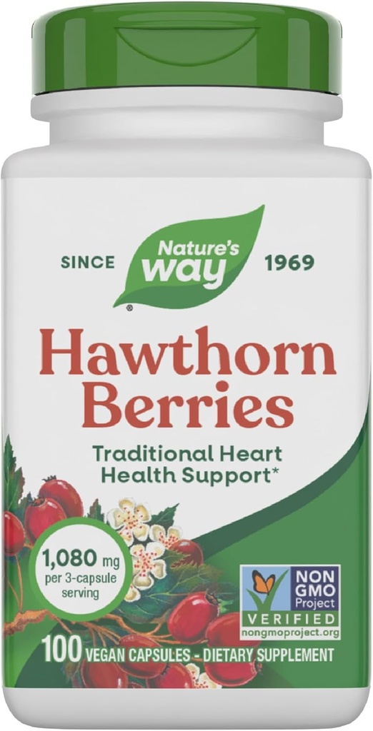 Nature's Way Herbal Hawthorn Bessen, Traditional Heart Health Support*, 100 Vegan Capsules (Verpakking mei Vary)