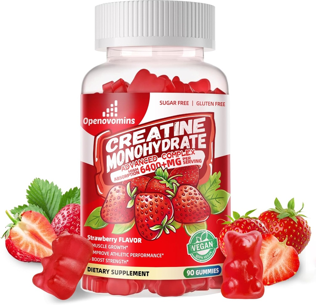 Creatine Monohydrate Gummies Complex für Männer & Frauen - Fortgeschrittene Formel W/L-Taurine + Vitamin B12, Sugar Free Chewable Supplement,90 Strawberry Gummies