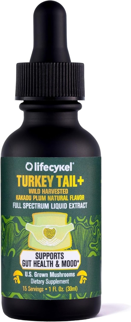 Life Cykel - Turkija Uodegų grybų skystas ekstraktas su Kakadu Plum - Imuninė parama & Digistic Health Prebiotic Addition - Vegan, Non- GMO ir Gluten Free - 1 Fl Oz