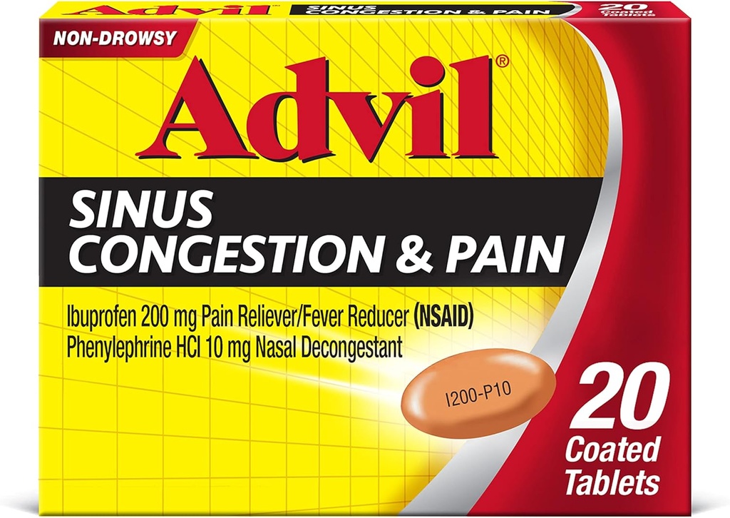 Advil Sinus Congestion 및 통증, Sinus 구호 약, 통증 Reliever 및 Ibuprofen 및 Phenylephrine HCl과 Fever 흡진기 - 20 코팅 정제