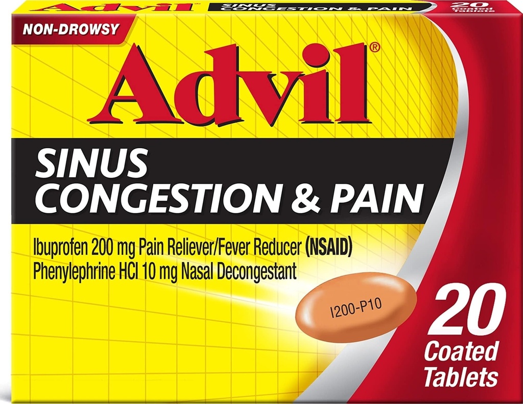 Advil Sinus Congestion and Pain, Sinus Relief Medicine, Pain Reliever and Fever Reducer with Ibuprofen and Phenylephrine HCl - 20 Coated Tablets | Sinus Congestion and Pain Relief, Ibuprofen and Decongestant, Relieves Headaches and Fever
