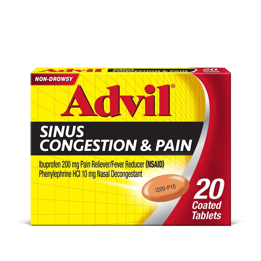 Advil Sinus Congestion and Pain, Sinus Relief Medicine, Pain Reliever and Fever Redutor com Ibuprofeno e fenilefrina HCl - 20 comprimidos revestidos