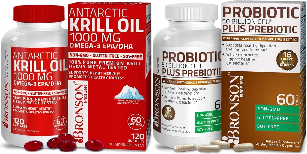 Bronson Probiootikum 50 miljardit CFU + prebiootikum koos Apple Polyphenols & Ananass Fruit Extrac Antarktika krillõli 1000 mg koos Omega-3s EPA DHA-ga