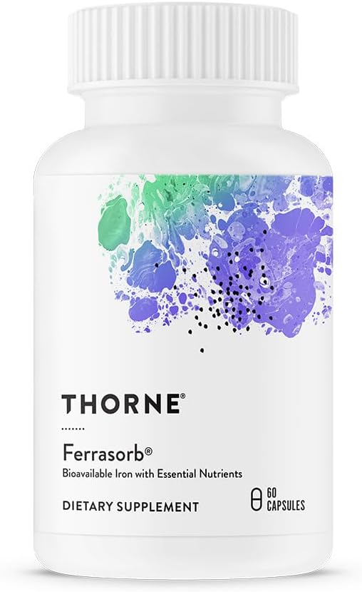 THORNE - Ferrasorb - 36 mg Fer avec nutriments essentiels - Formule complète de soutien du sang* - Vitamines élémentaires de fer, de folate, de B et de C pour l'absorption optimale - Sans gluten - 60 portions