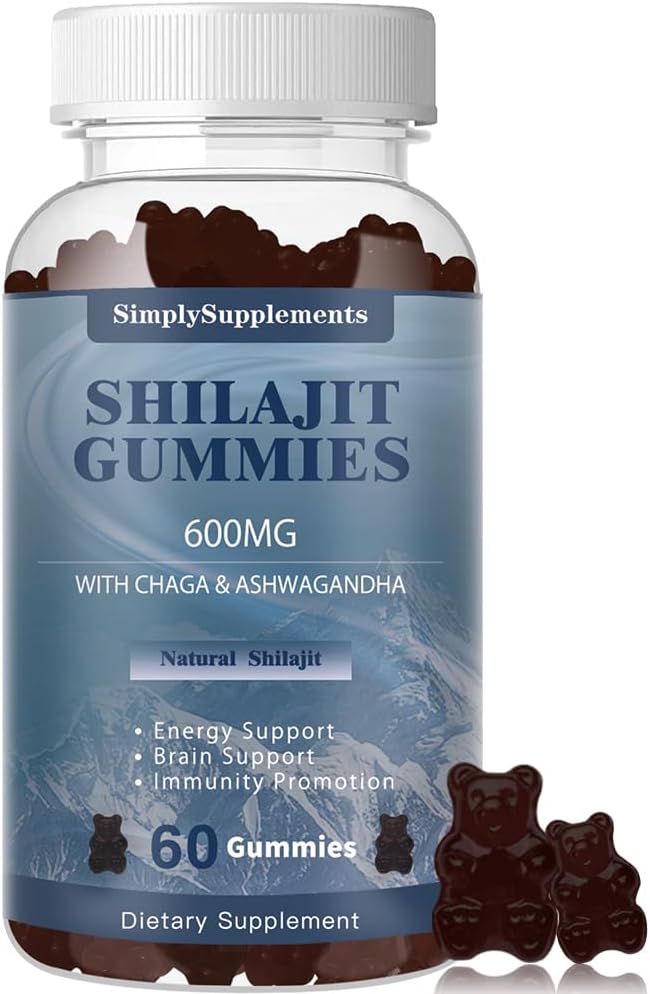 Shilajit Gummies with Ashwagandha and Chaga for Men & Women - Trace Minerals와 Shilajit 보충 & 에너지 및 면역 지원을위한 풀빅 산, 60 구미
