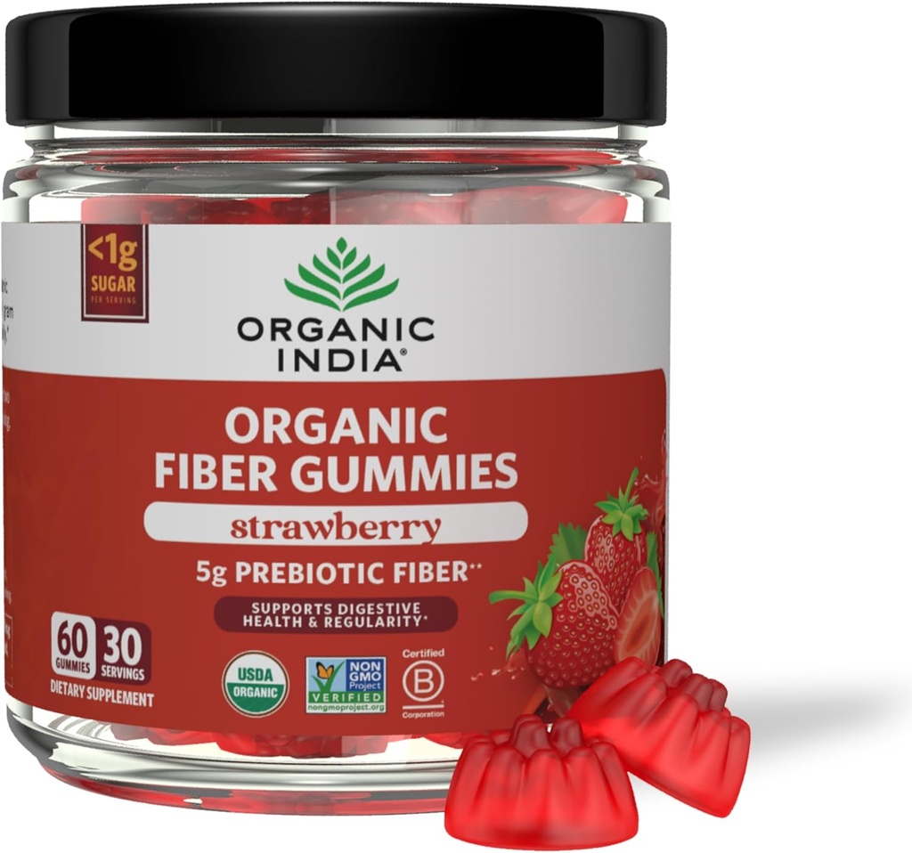 ORGANIC INDIA FIber Gummies for Dewasa - Prebiotic Fiber, Dietary Suplemen, Digetical Health for Men & Women, Vegan, Low Sugar, Non-GMO - Strawberry, 60 Gummies