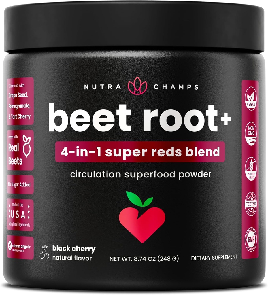 NutraChamps Beet Root Powder Circing Supplement, Superfood Powder Nitric Oxide Beetroot Juice, Super Reds & Grape Seed kivonat, No Sugar Beet Supplement - 8.74 Oz