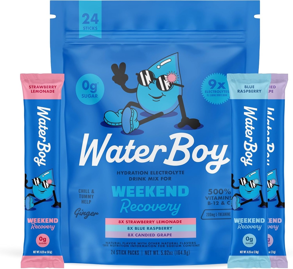 Waterboy Weekend Recovery Variedad  3,200mg Electrolyte Powder Packets  Ginger + L-Theanine + Vitamins peru No Sugar, All Natural, Gluten Free ← 24 Drink Stick Mixes (Variety Pack)