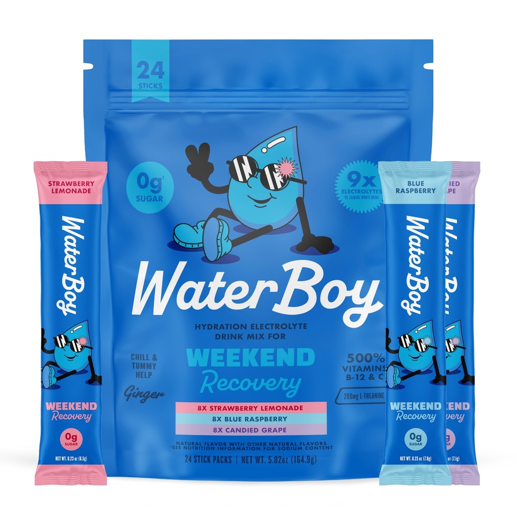 Waterboy Weekend Recovery Variety | 3,200mg Electrolyte Powder Packets | Ginger + L-Theanine + Vitamins | No Sugar, All Natural, Gluten Free | 24 Drink Stick Mixes (Variety Pack)