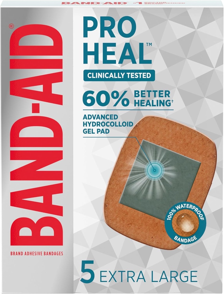 Band-Aid Brand Pro Heal Hydrocolloid Gel Pads, Extra Grandes Bandages impermeables para una mejor curación de heridas menores, Sterile First Aid Bandages, 5 ct