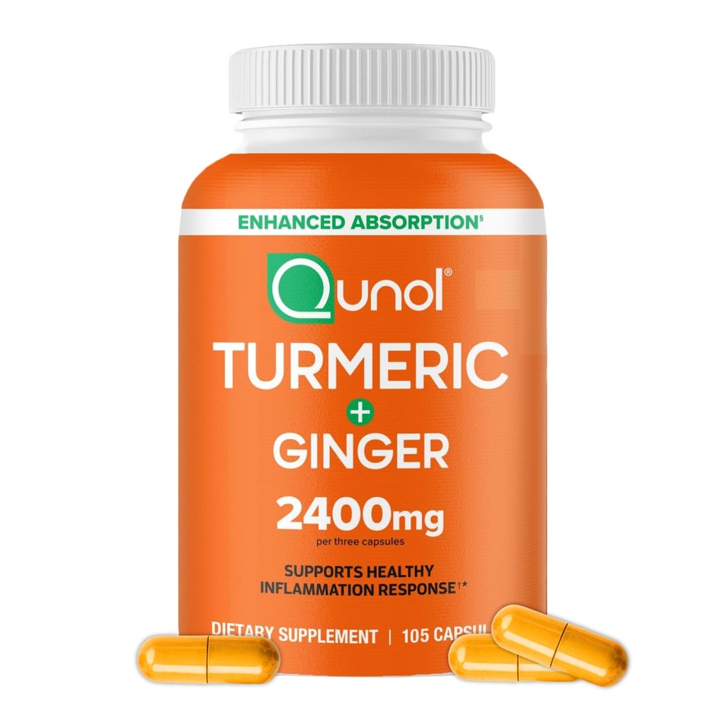 Qunol Turmeric Curcumin with Black Pepper & Ginger, 2400mg Turmeric Extract with 95% Curcuminoids, Extra Strength Supplement, Enhanced Absorption, Joint Support Supplement, 105 Count
