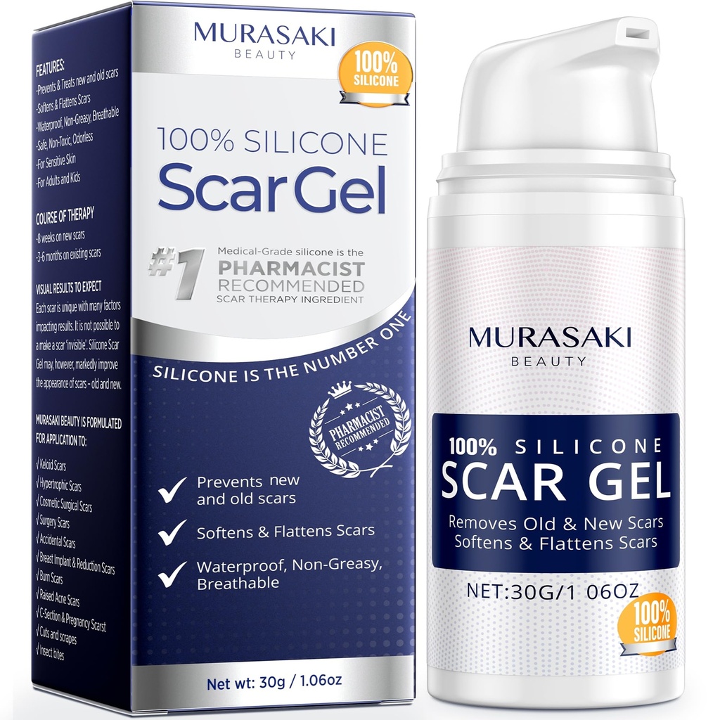 100% Silicone Scar Gel Scars Cream - Advanced Scar Gel for Surgical Scars, C-Section, Stretch Marks, Acne, Injury, Burns, Keloids, Old and New Scars 1.06oz(30g) (Maximum Strength 100% Silicone)