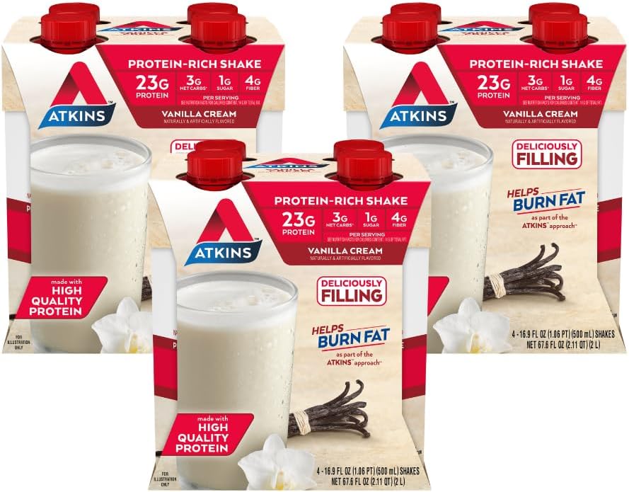Atkins Vanilla Cream Meal Size Protein Shake, 23g Protein, Nízký glykemický, 3g Carb, 1g Cukr, Keto Friendly