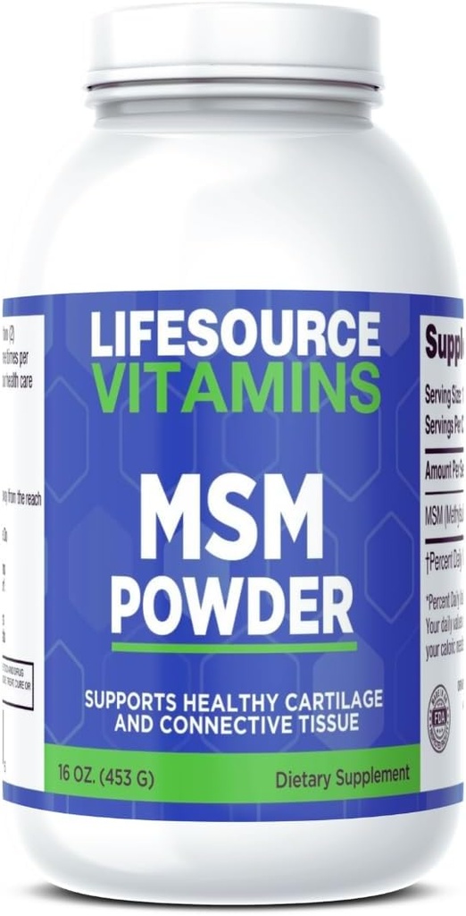 LifeSource Vitamins MSM Powder - 16 oz - Pure and Clean - 226 Servizos - 2.000 mg por servizo