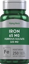 Pipering Rock Irous Ferrous Sulfate 65 mg Ş124; 250 Tablets Ş124; Geležies priedas Ş124; Aukšto stiprumo Formulė Ş124; Vegetarian, Non- GMO, Gluten Free