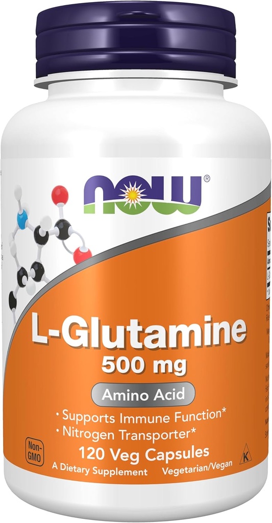 Now Foods Supplements, L-Glutamina 500 mg, Transportador de Nitrogênio*, Ácido Amino, 120 Veg Cápsulas