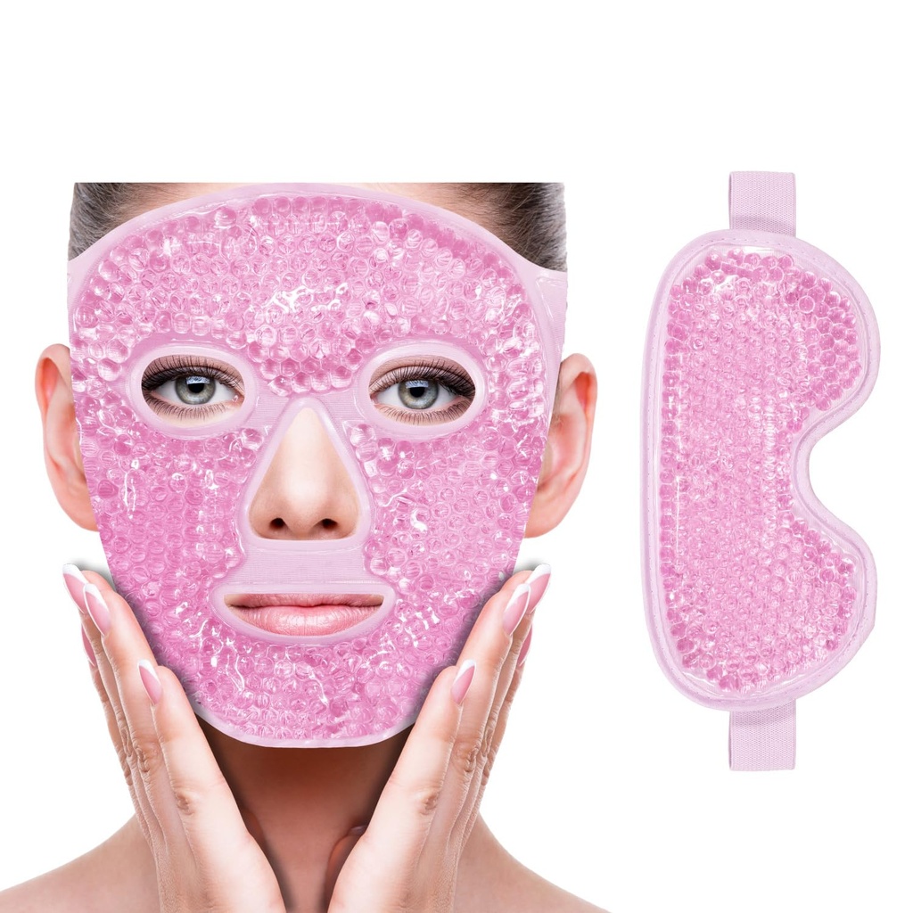 ZNÖCUETÖD Face Eye Mask Ice Pack for Reducting Puffiness, Bags under Eyes, Puffy Dark Circles, Migraine,Hot/Cold Pack with Soft Plush Backing (Pink-(1*Eye Mask+1*Face Mask))