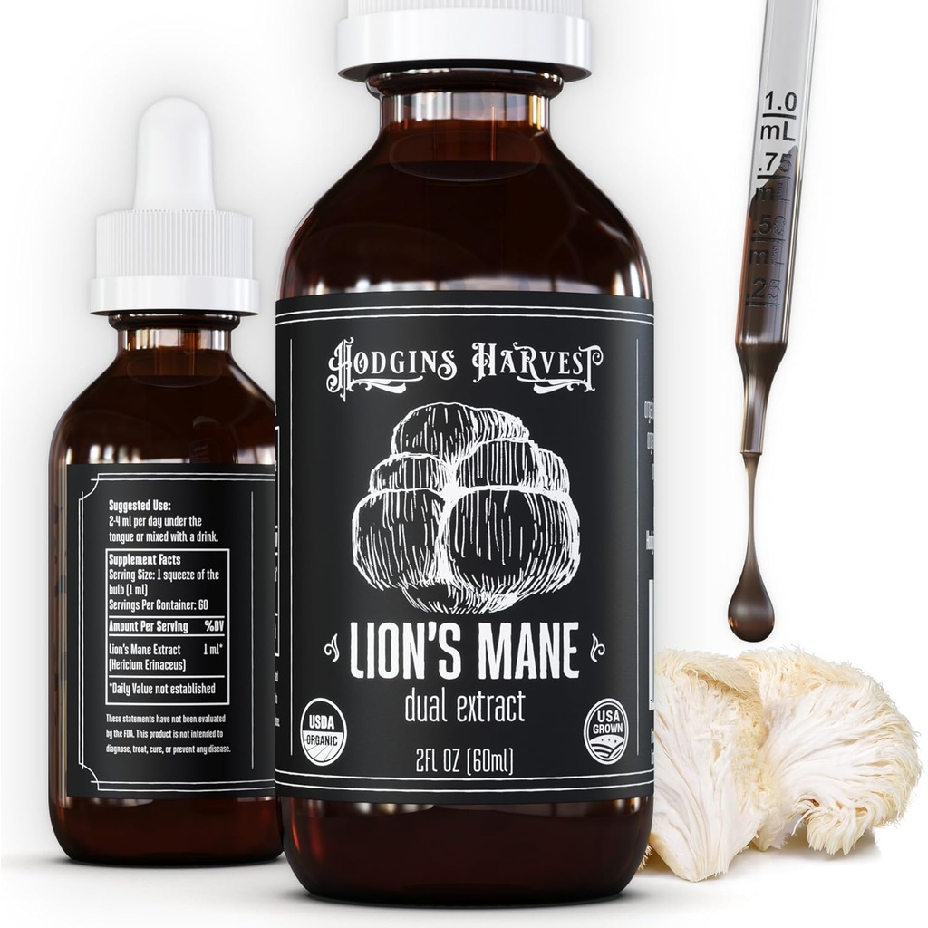 Hodgins Harvest Organic Lion's Mane Fruiting Body Extract Tincture - Mushroom Supplement for Brain Health and Mental Focus - Dual Extract Formula - Extra Concentrat - 2 fl oz Sticla