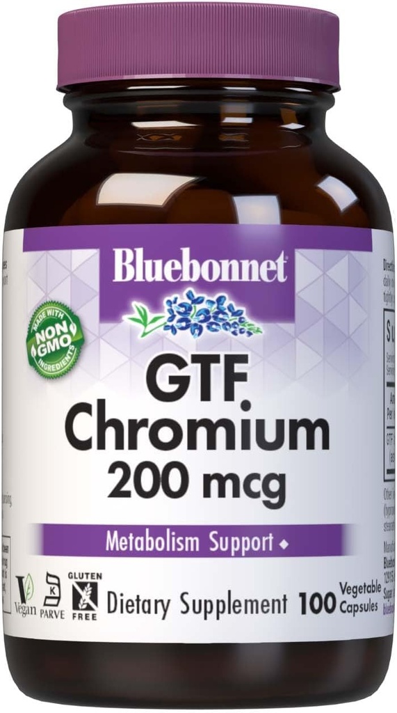 Bluebonnet Nutrition GTF Chromium 200 μg, brez soje, brez glutena, brez glutena, brez glutena, brez glutena, košir certificiran, brez mleka, vegan, 100 zelenjavnih kapsul