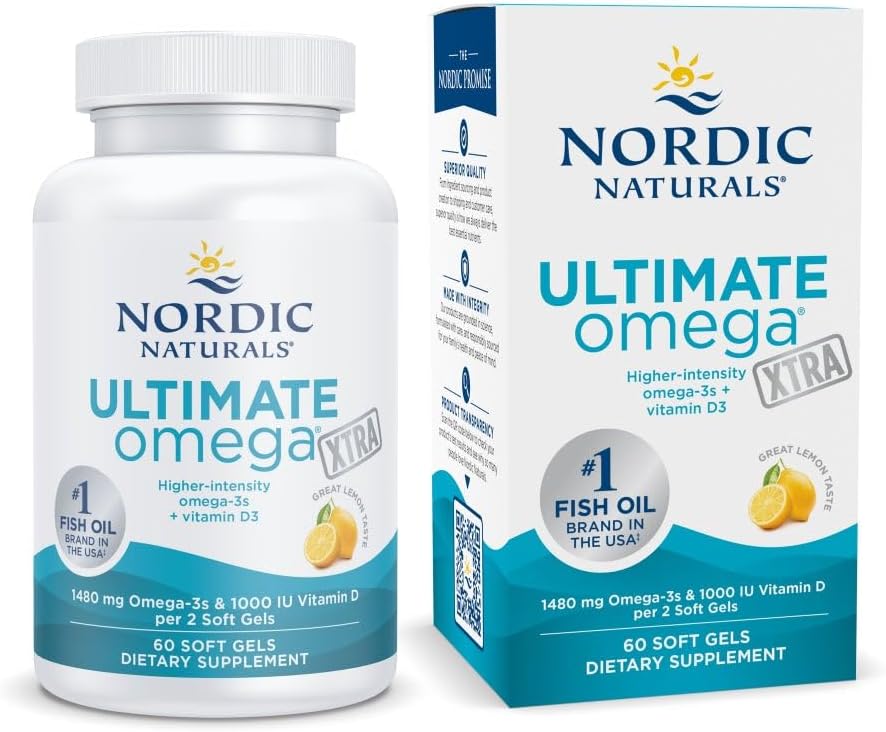 Nordic Naturals Ultimate Omega Xtra, Limón Flavor - 60 xeles brandos - 1480 mg Omega-3 + 1000 IU Vitamin D3 - EPA & DHA - Cerebro, corazón e saúde inmune - 30 servizos