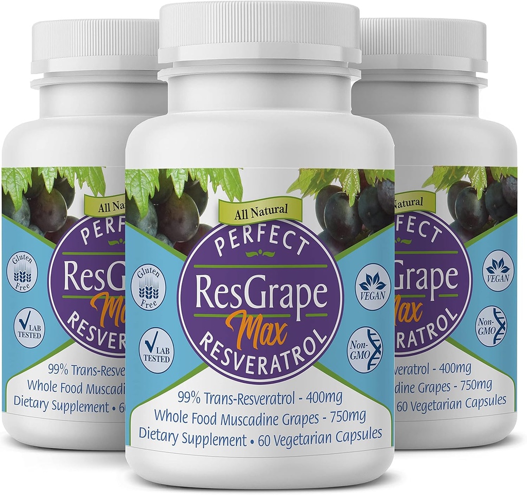 Perfect ResGrape Max, 60 vegetabilske kapsler per flaske (pakke av 3) ~ 99% Trans-Resveratrol & Muscadine Grape ~ Anti-Aging Supplement & Potent Antioksidant