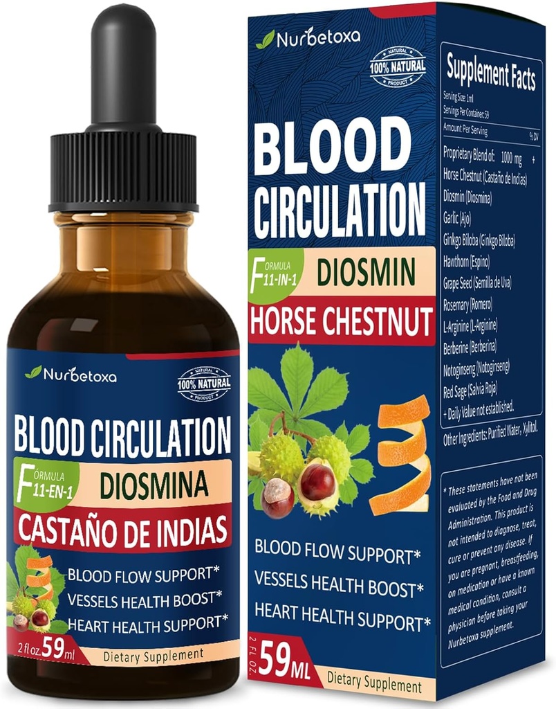 Blodcirkulationshäst Chestnut Extract Liquid Drops, Castaño de Indias y Diosmina para la Circulacion y Varices, Nitric Oxide Supplement för blodflöde, tryck och hjärthälsa.2 oz