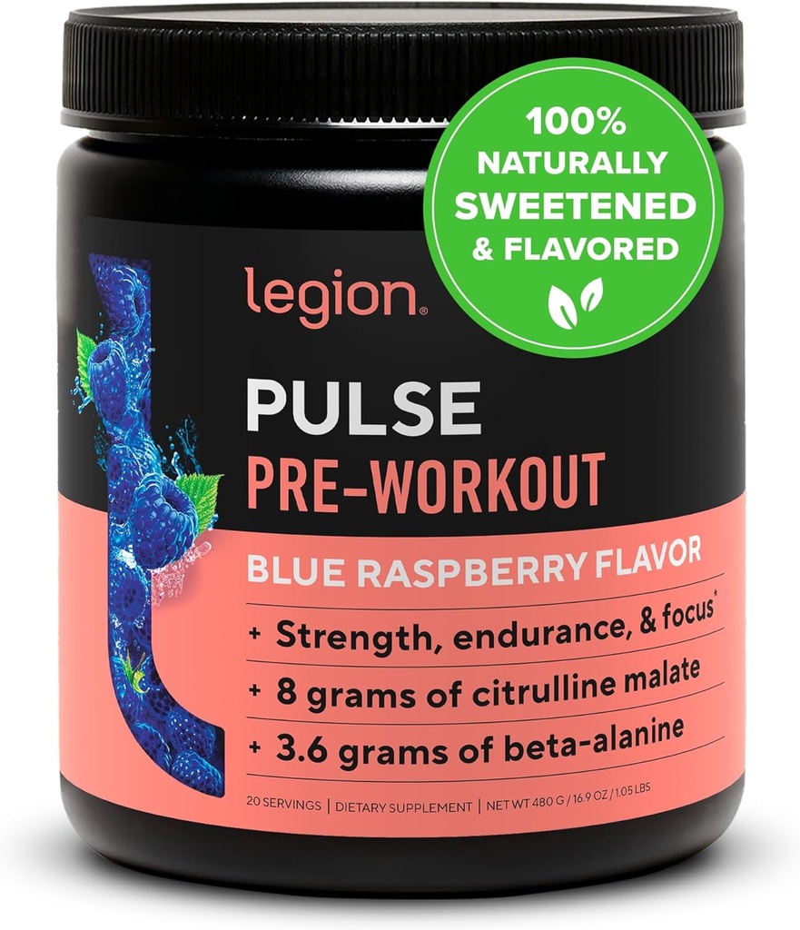 LEGION Pulse pre trening - alle naturlige nitric oksid preworkout drikke å øke energi, kreatin gratis, naturlig søtet, Beta Alanine, Citrulline, Alpha GPC (Blue Raspberry)