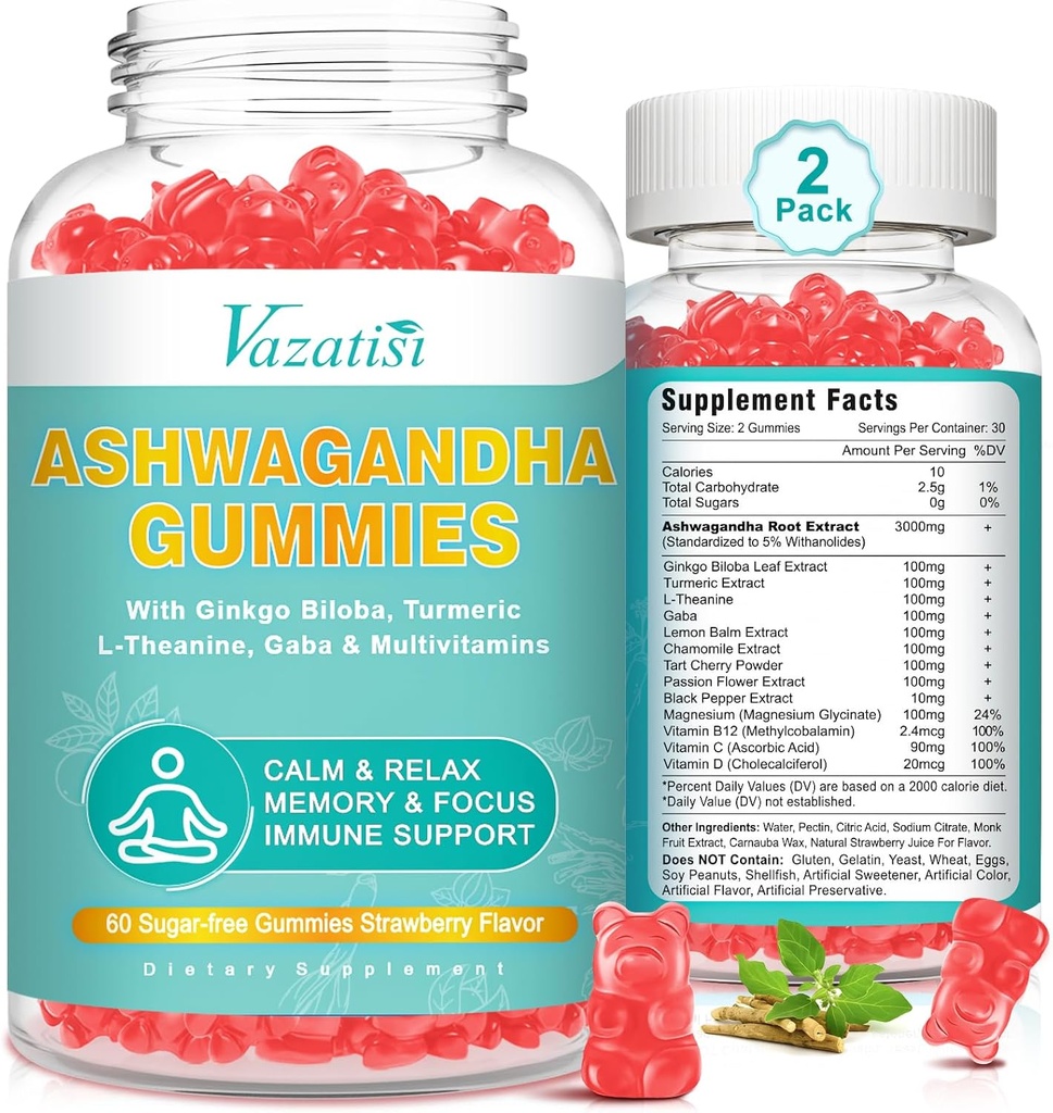 2 Pack Ashwagandha Gummies con Turmeric GABA Mood Energy e soporte inmune, Strawberry Flavor 120 Cts