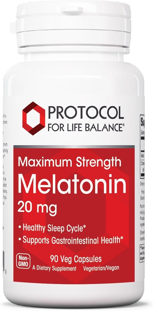 PROTOKOLAS DĖL LIFE BALANCE Melatonino Didžiausias stiprumas - 20 mg melatonino - Mieganti parama suaugusiems - Dienos imuninė parama - Pineal Gland Aid - Vegan & Non- 90 Veg Capsules
