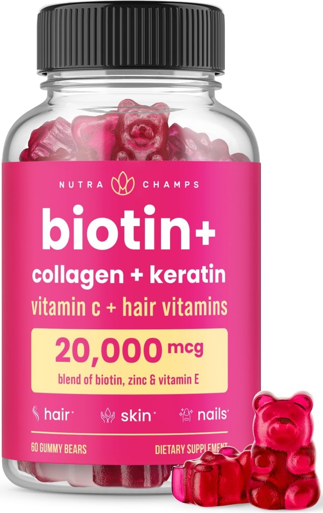 NutraChamps Cabelo & Nails Gummies | Biotina con Collagen & Keratin | 5000mcg Bio Beauty Complex | Suplemento de vitaminas para mulleres e homes | Berry | Cabelo saudable, pel radiante e fortes Nails