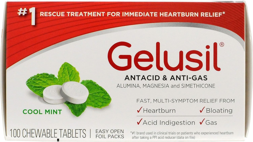 Gelusil Antacidum & Anti Gas Tablets for Heartburn Relief, Acid Reflux, Bloating and Gas, Cool Mint - 100ct Blisterverpakking (verpakking van 2)