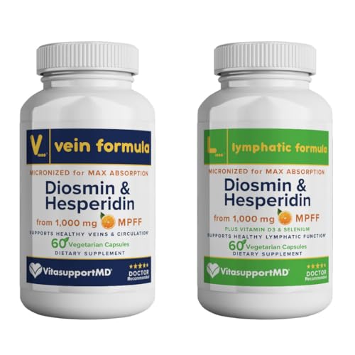 Vein and Lymphatic Drainage Support Bundle with Diosmin Hesperidin 1000mg, Selenium, Vitamin D3, Micronized Purified Flavonoid Fraction, Leg Circulation, Lymphatic Flow, Healthy Legs, 120 Capsules