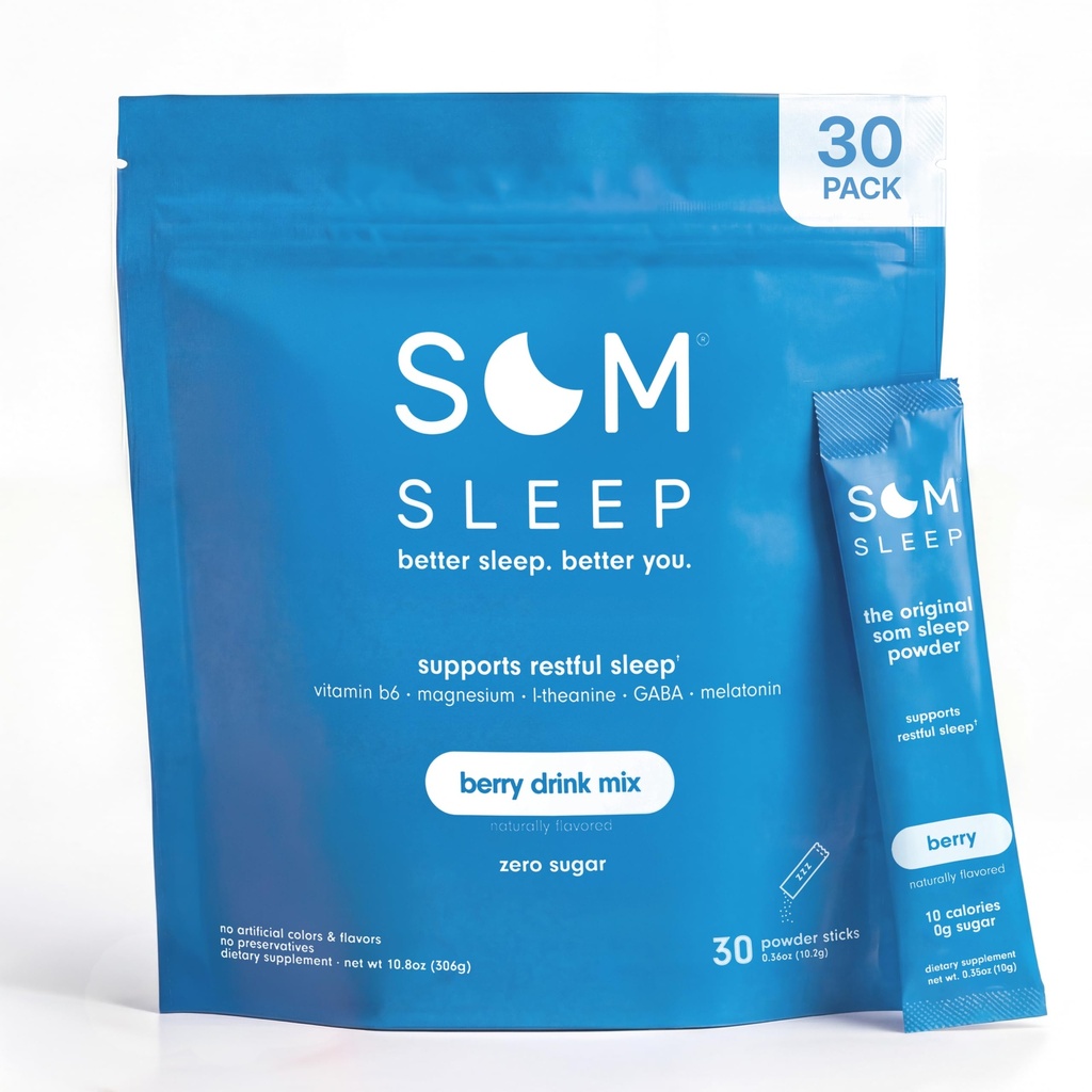 Som Sleep, Calm Sleep Nighttime Powder Drink Mix, Melatonin 3mg, Magnesium, Vitamin B6, L-Theanine & GABA – Vegan, Zero Sugar – Berry, 30-Pack