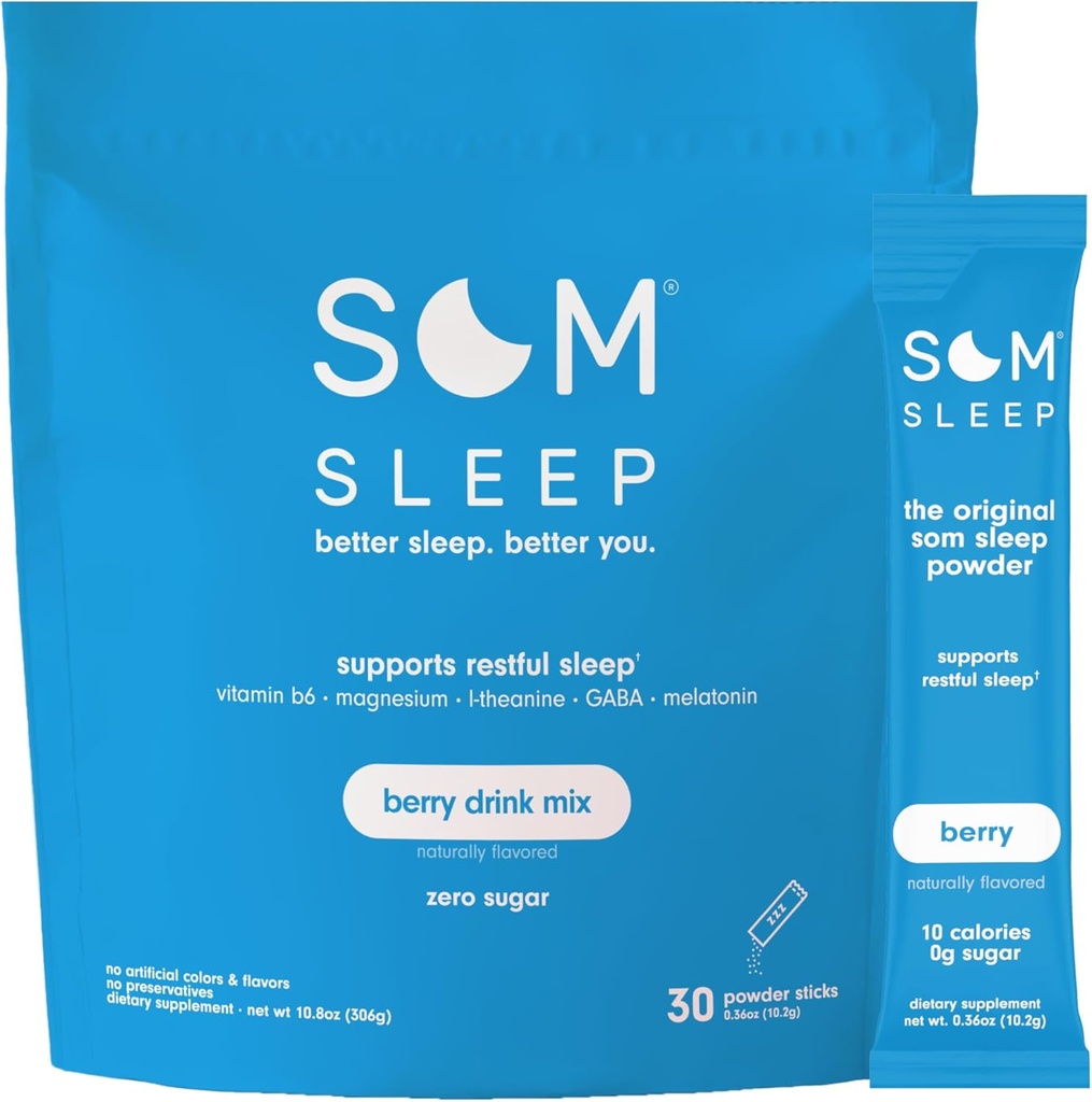 Som Sleep, Calm Sleep Powder Drink Mix, Melatonina 3mg, Magnesio, Vitamina B6, L-teanina & GABA – Vegan, Keto Friendly – Zero Sugar Berry, 30-Pack