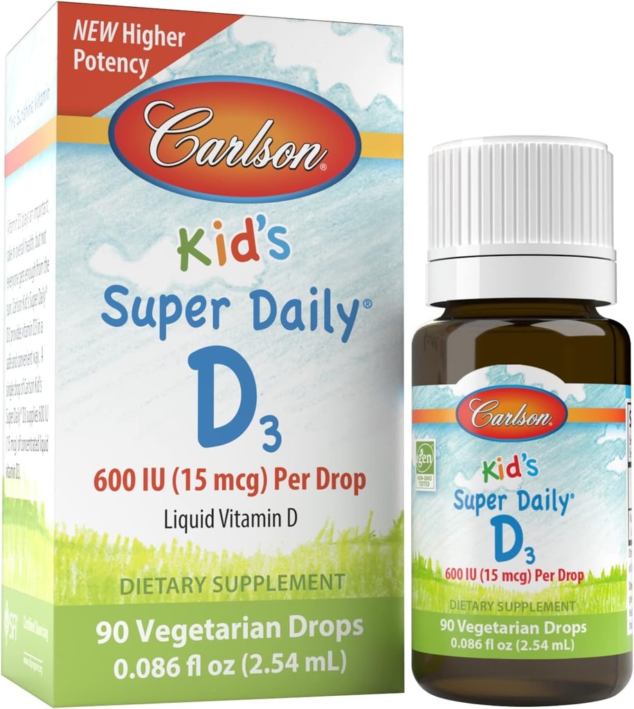 Carlson Kid's Super Daily D3, 600 IU (15 мкг) на Drop - Рідкий вітамін D краплі для дітей, 90 Drops (2.54 мЛ), Вегетаріанський, Неповторний