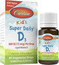 Carlson Kid Super Daily D3, 600 IE (15 mcg) per Drop - Liquid Vitamin D Drops för barn, 90 droppar (2,54 ml), Vegetarisk, Osmakad