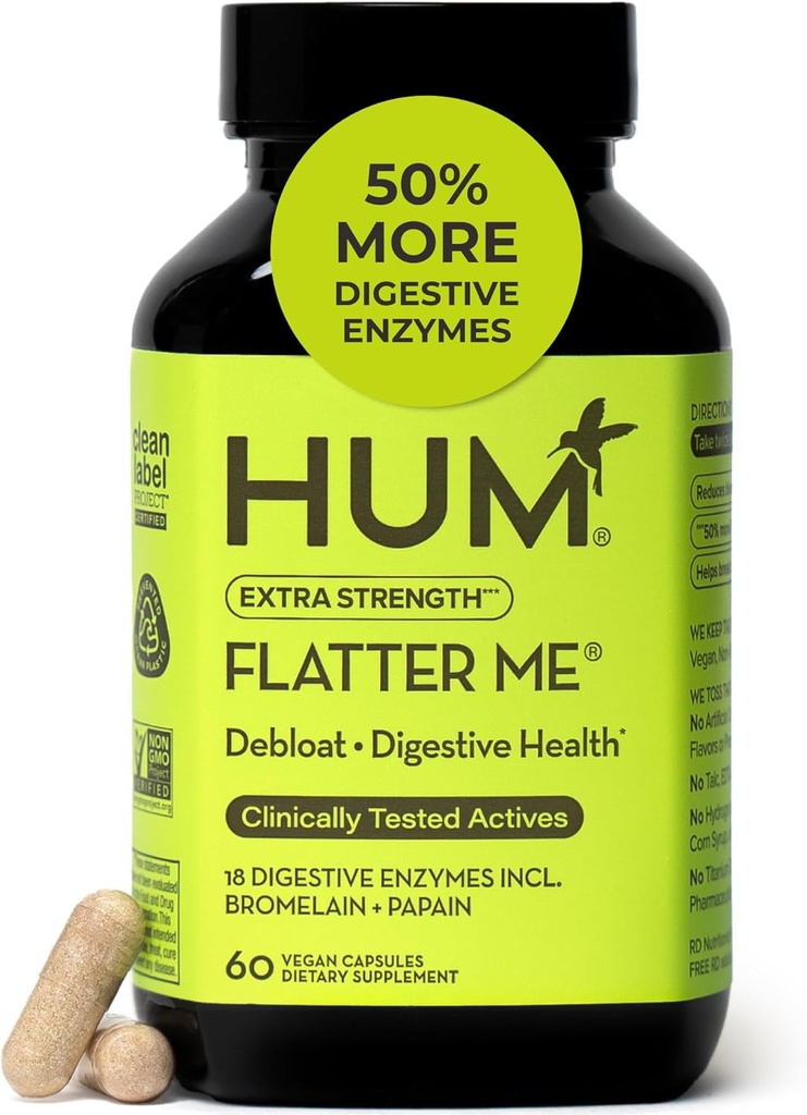 HUM Flatter Me Extra Strength Digestive Enzymes for Women, Men, Digestive Gut Bloat Addition, Джинджър, Мента Leaf, Fast Acting Anti Bloat Pills Multi Enzyme for Debloating, 60 капсули