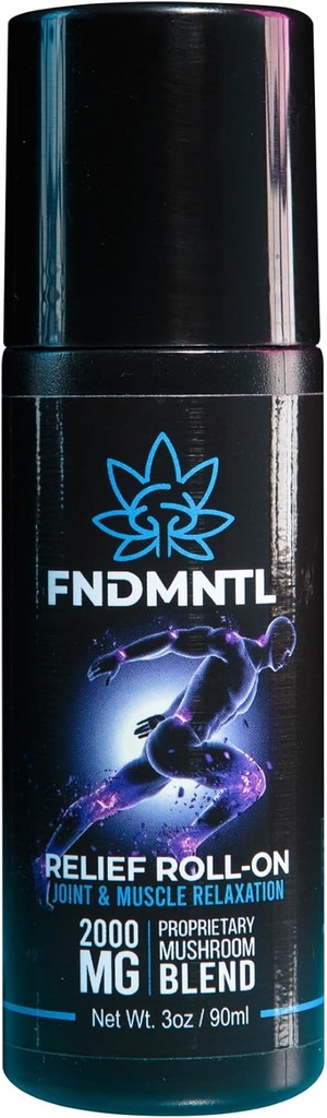 FNDMNTL Relief Roll-On med 2000mg Functional Mushroom Blend för Joint & Muscle Relaxation, No Mess Applicator, 3oz