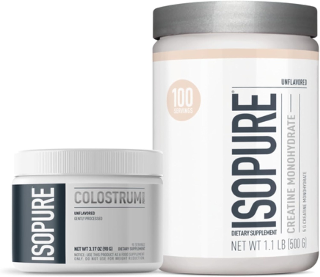 Isopure Bovine Colostrum 보충교재 분말의 뭉치, Gently 가공하는, 90의 서빙 + Isopure Unflavored Creatine Monohydrate 분말, 5g Creatine Monohydrate 당 Scoop, 100의 서빙, 500g