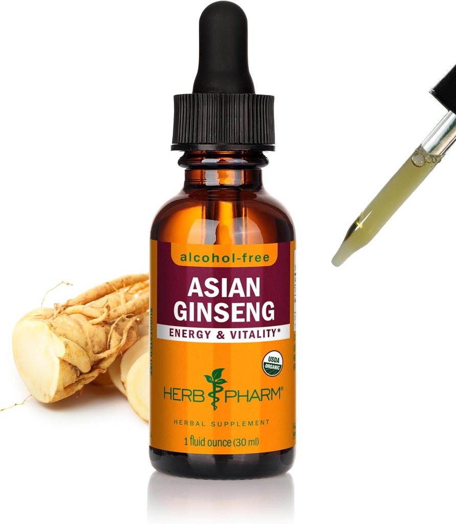 Herb Pharm Asian (Panax) Ginseng Liquid Glycerite for Energy and Stamina, Alkoholiton Glycerite, 1 Oz