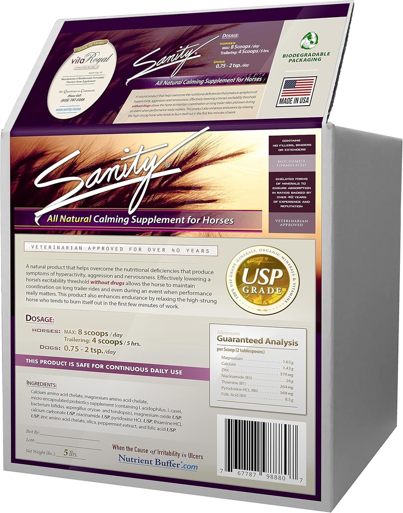 Sanity - Equine Behavioral Calming Focus Supplement for Horses - Magnez, Wapń, Cynk, Witaminy B, Aminokwasy, Probiotyki, Tiamina, Kwas foliowy, Niacyna, Peppermint & Więcej