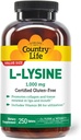 Country Life L-Lysine 1000mg con B-6, apoya la salud inmune, promueve la renovación del colágeno en los labios y la boca, 250-Count, galleta certificada gratis, certificada Vegan