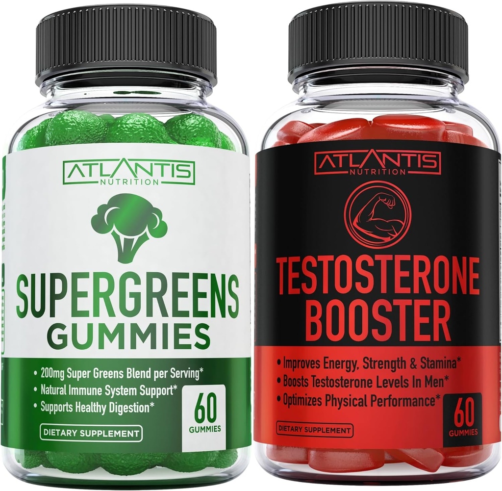 Atlantis Nutrition Supergreens 60 Gummies + 테스토스테론 부스터 2 팩 (120 Gummies)
