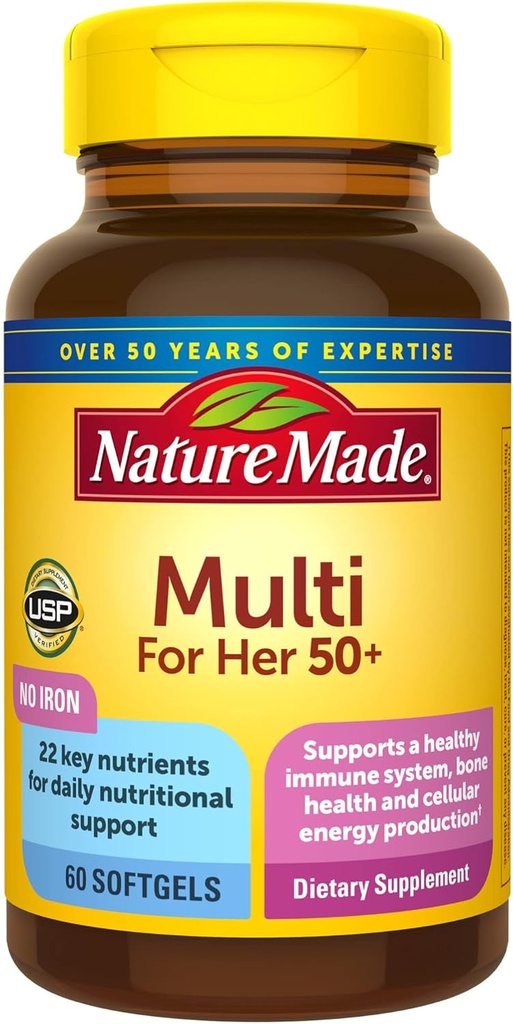 La natura va fer multivitamin per als seus 50+ amb No Iron, dones multivitamins per al Daily Nutrial, multivitamin per a Dones, 60 Softment, 60 dies de camp