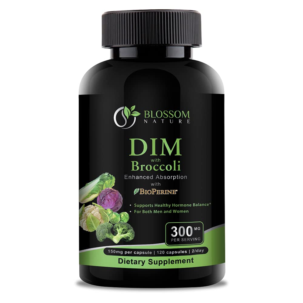 DIM Supplement 300mg with Broccoli 200mg BioPerine 10mg-Hormone and Estrogen Balance for Women & Men,Menopause Relief,PMS Support,Hormonal Acne Treatment-120 Caps,Diindolylmethane 150mg per Cap
