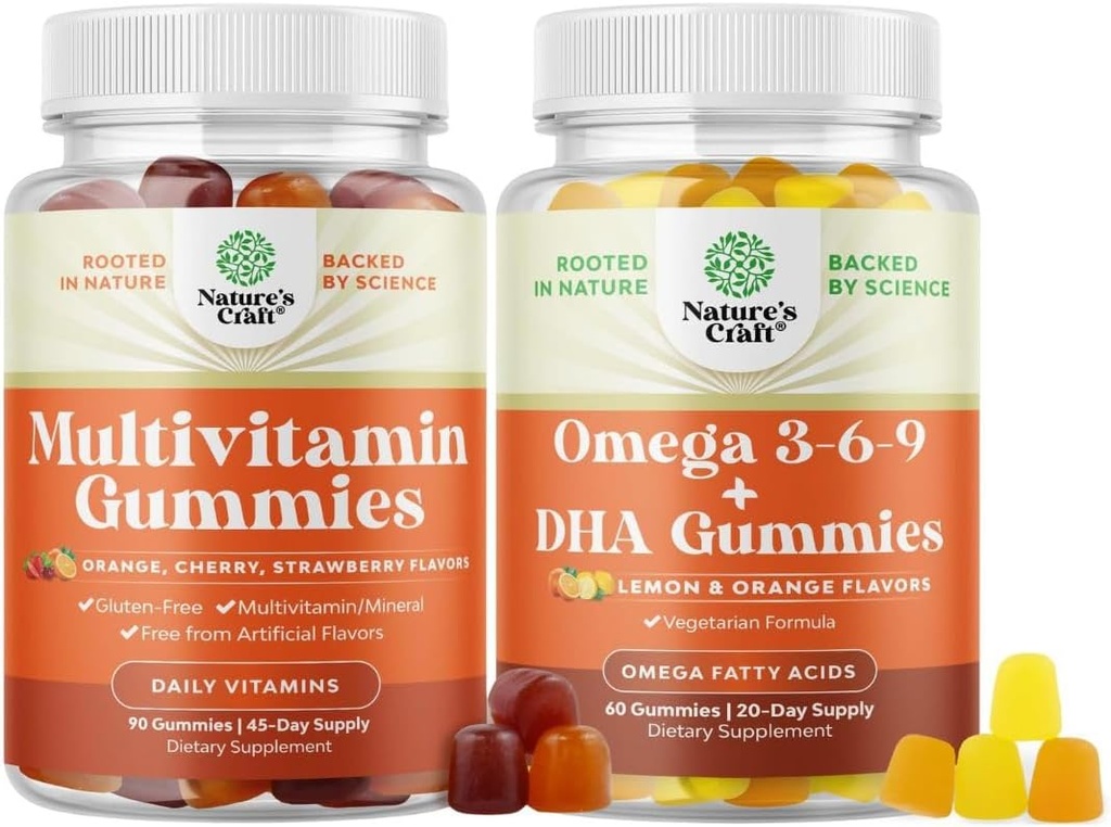 Svazek multivitaminových gumií - Halal multivitaminové gumičky s B12 Biotin zink & vitamín D a Vegetariánské Omega 3 6 9 DHA gumies pro zdraví a společnou podporu mozku - Bezproblémové ryby zdarma