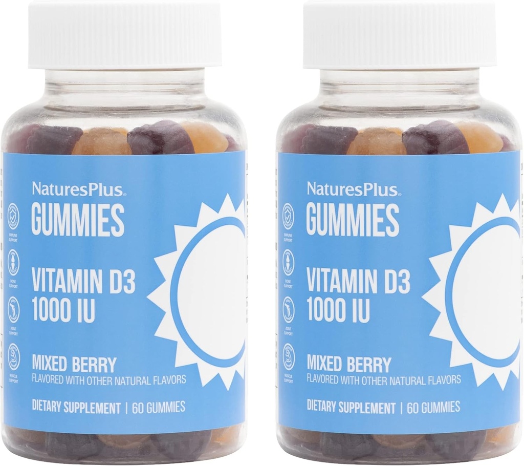 NaturesPlus Gummies Vitamina D3 1000 UI, Berry mixto - 60 Gummies, Pack of 2 - Promueve la función de la salud ósea - Vegan, Gluten Free, Non-GMO - 120 Total Servings