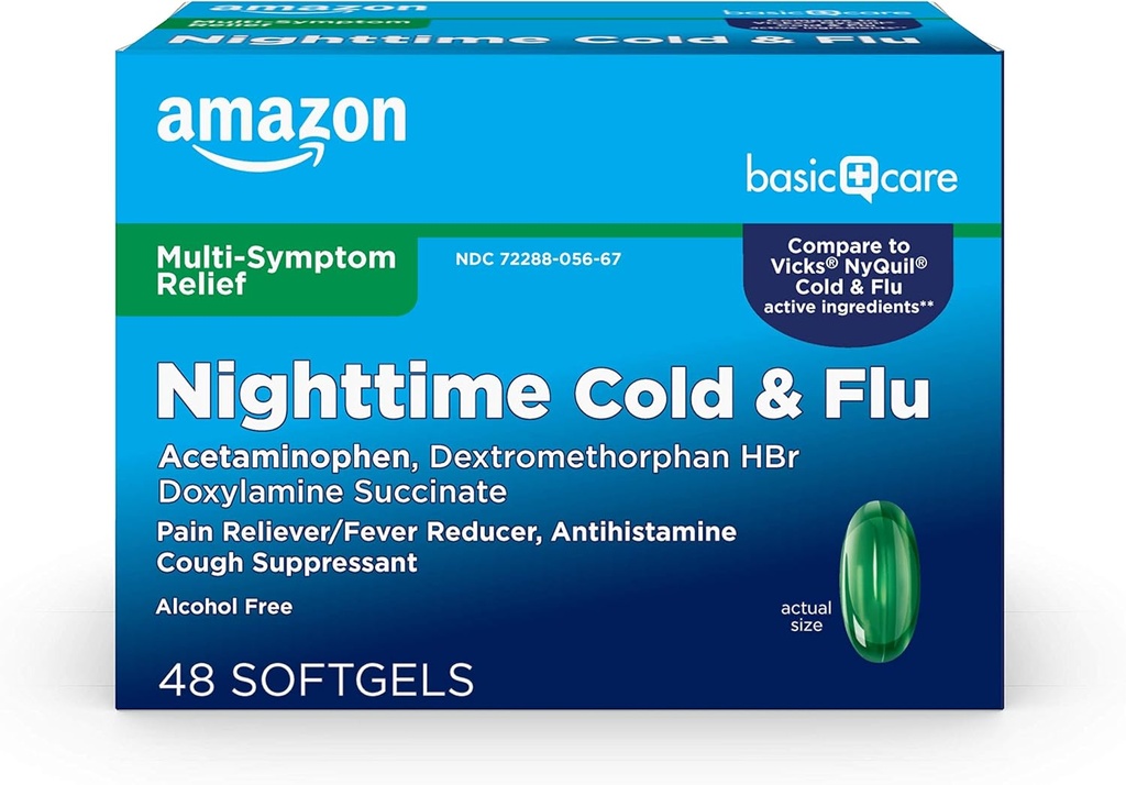 Basic Care Night Cold and Flu Relief Softgels, 6 Hour Cold Medicine, Relieves Major Flu Symptions So You Can Rest, 48 Count (Pack of 1)
