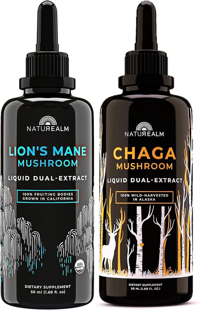Manalm Lion's Mane & Chaga Mushroom Stap - thích nghi Gen Stat for Focus, Immunity, Longevity, stress, Gut Health, Anti-Aging, Ein & More - Chi phí dinh dưỡng - 50 mL mỗi 2 gói)